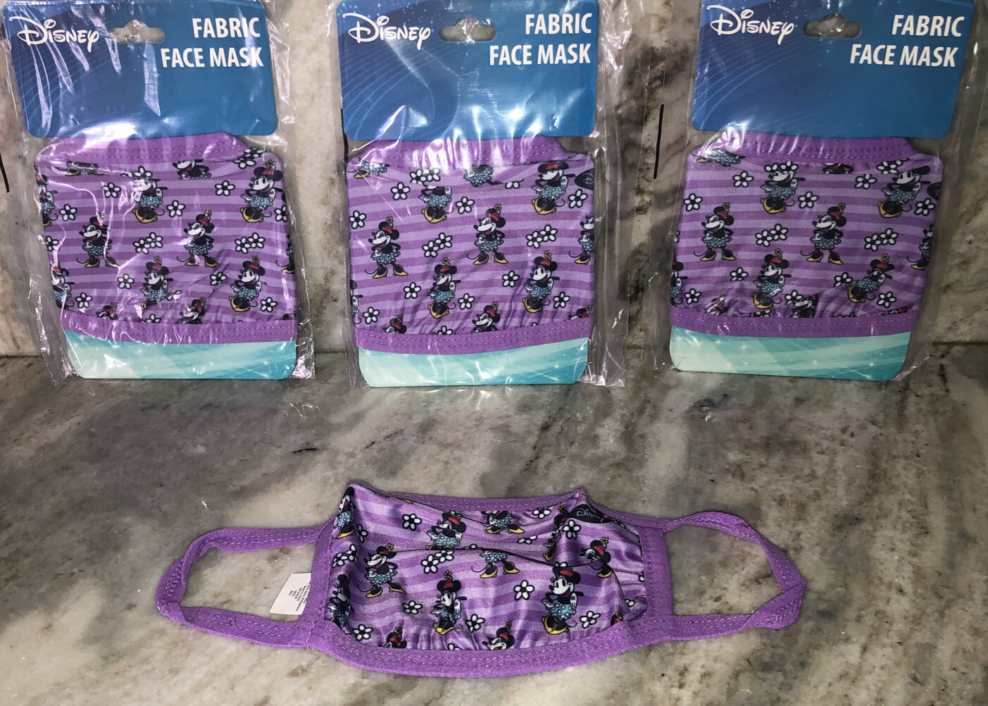 SHIP N24HR-3ea Kids Disney Minnie Mouse Fabric Purple Face Masks Ages 4 & Up-NEW
