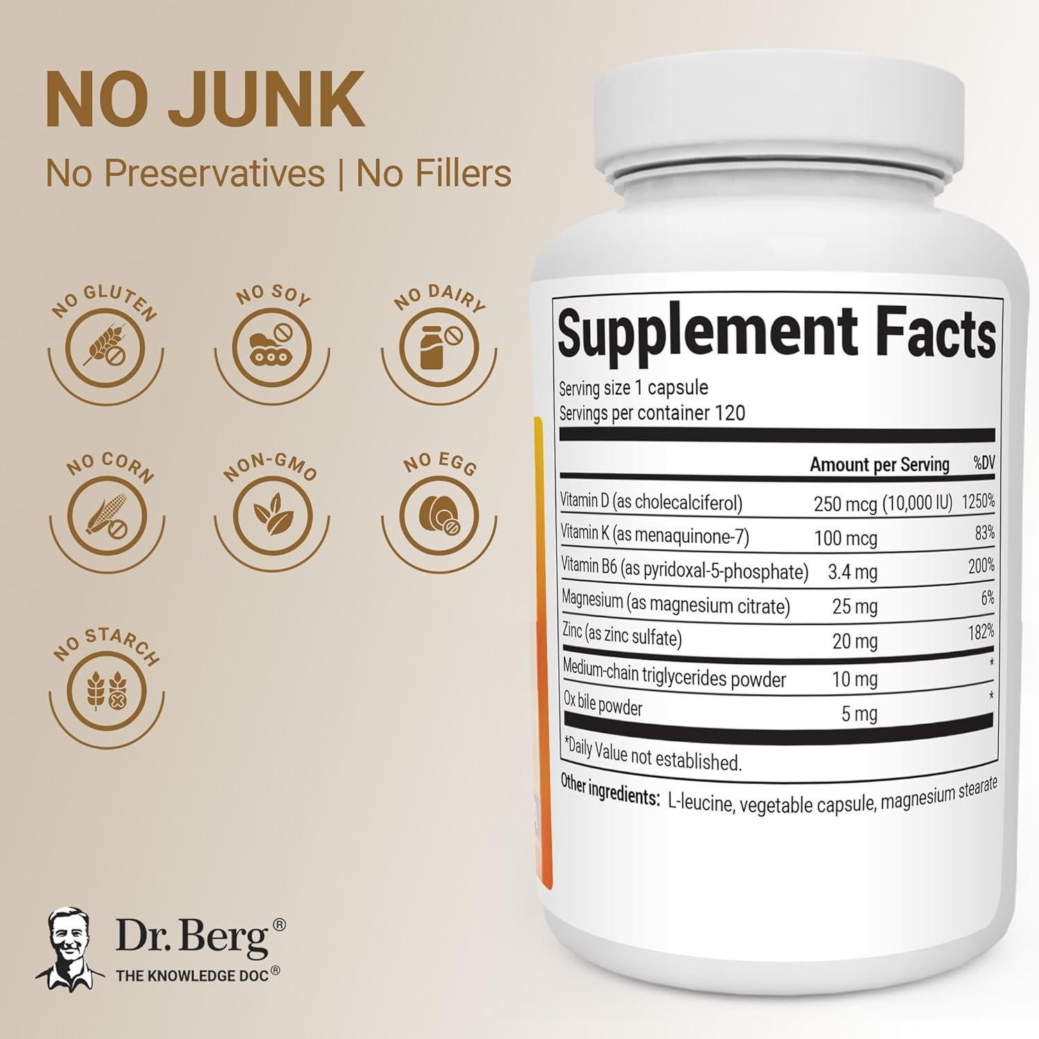 Dr. Berg D3 & K2 Vitamin Supplement – D3 K2 10,000 IU , 120 Capsules