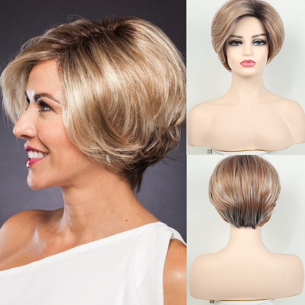 Ombre Blonde Brown Mixed Short Pixie Cut Wig Women Synthetic Heat Resistant Wig