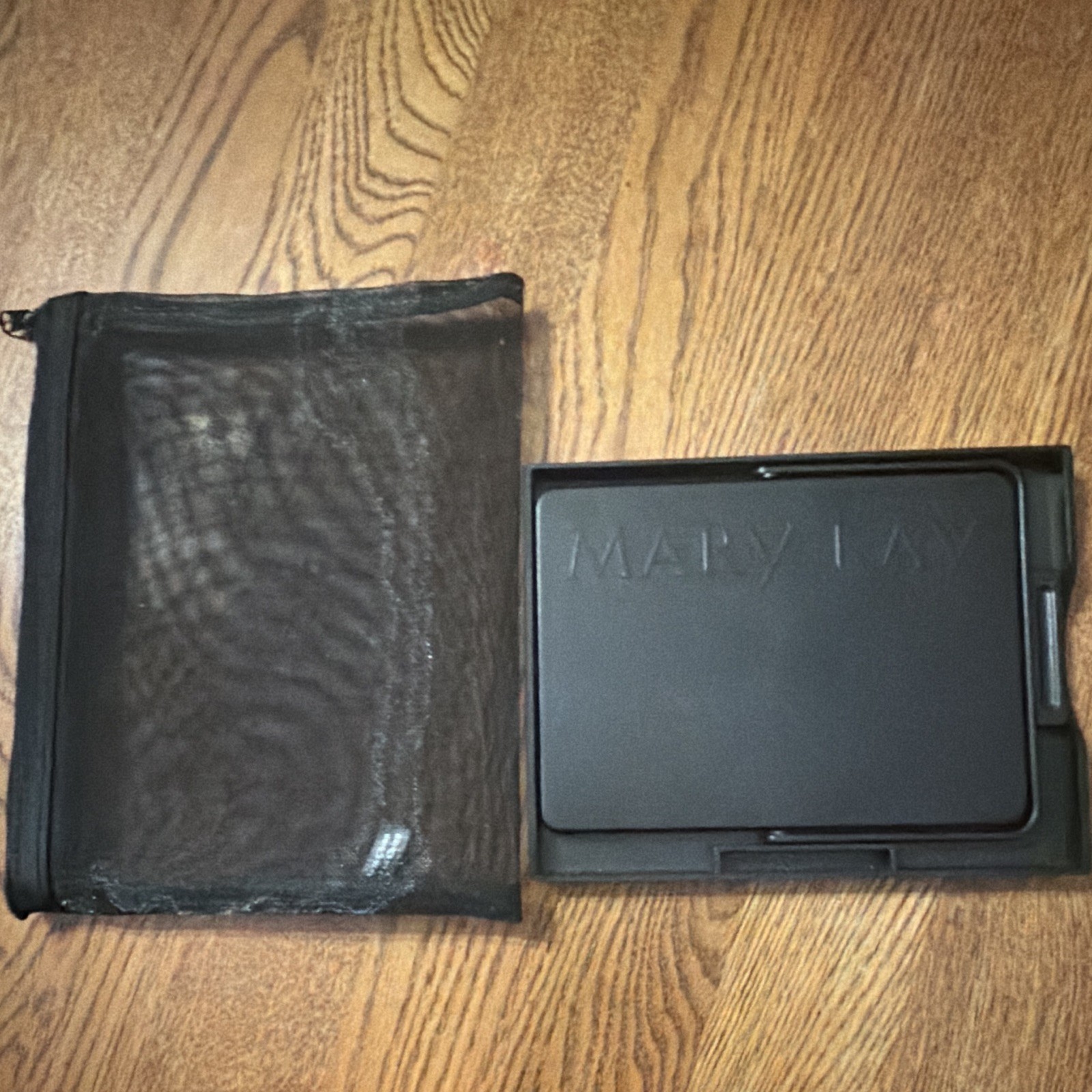 Mary Kay Folding Portable Makeup Mirror, Black Matte Plastic, Pouch, Rectangle