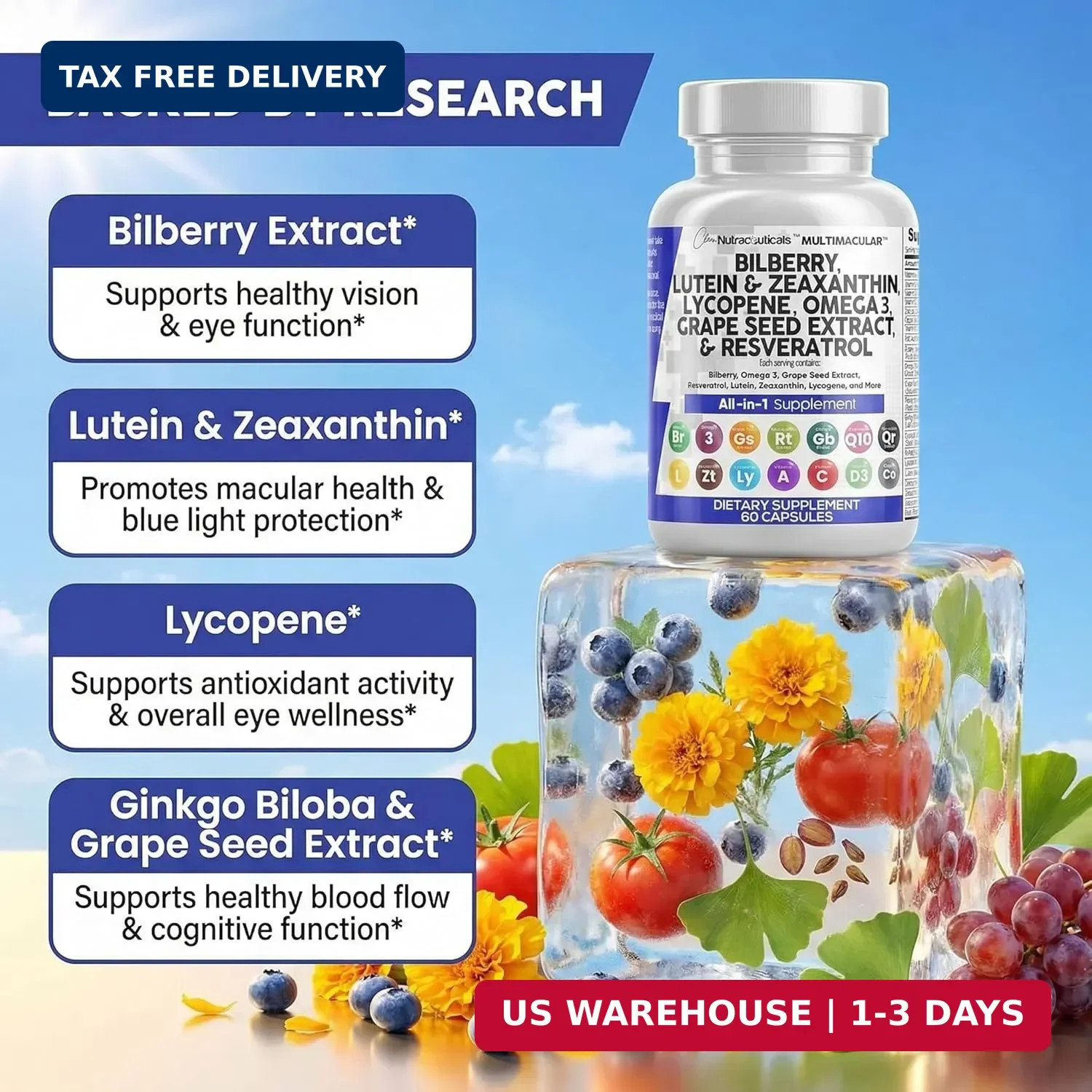 Clean Nutra Eye Vitamins with Bilberry Lutein and Zeaxanthin Supplements Lycopen