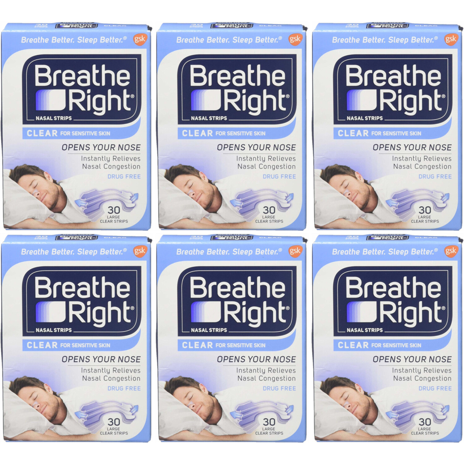 6 Pack Breathe Right Nasal Strips For Sensitive Skin – 30 Large Clear Strips Ea