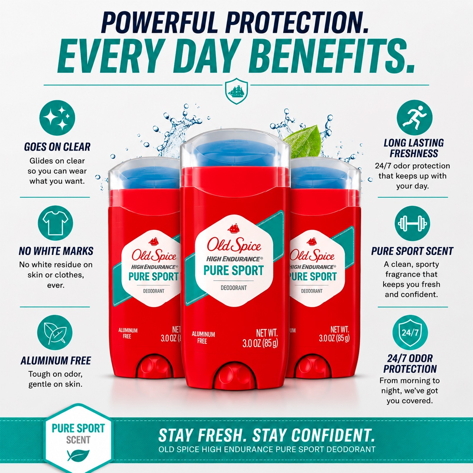 Old Spice High Endurance Pure Sport Deodorant for Men 3 Pack 3.0 oz Each