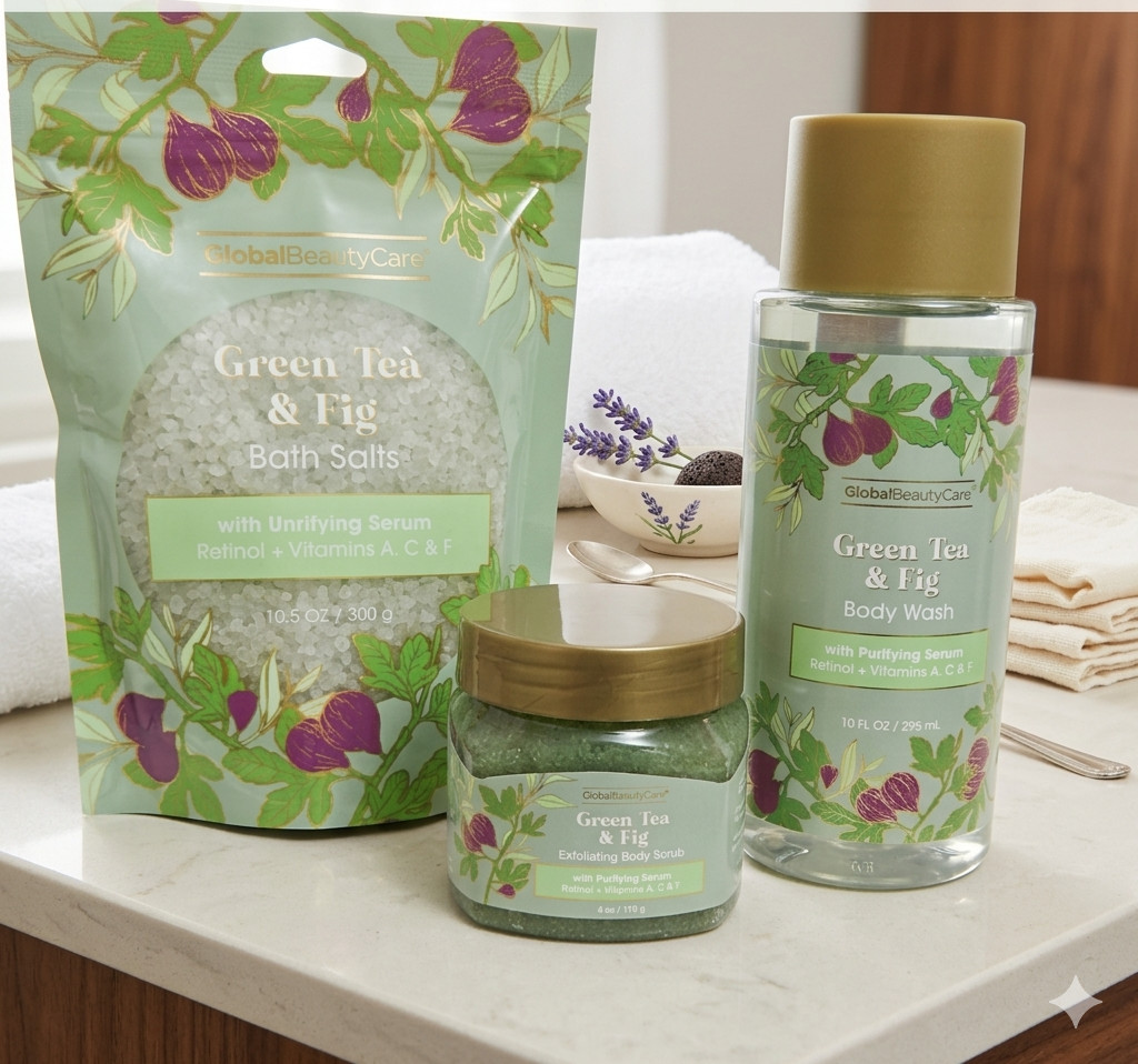 Green Tea & Fig Body Scrub, Body Wash and Bath Salts by Global Beauty Care