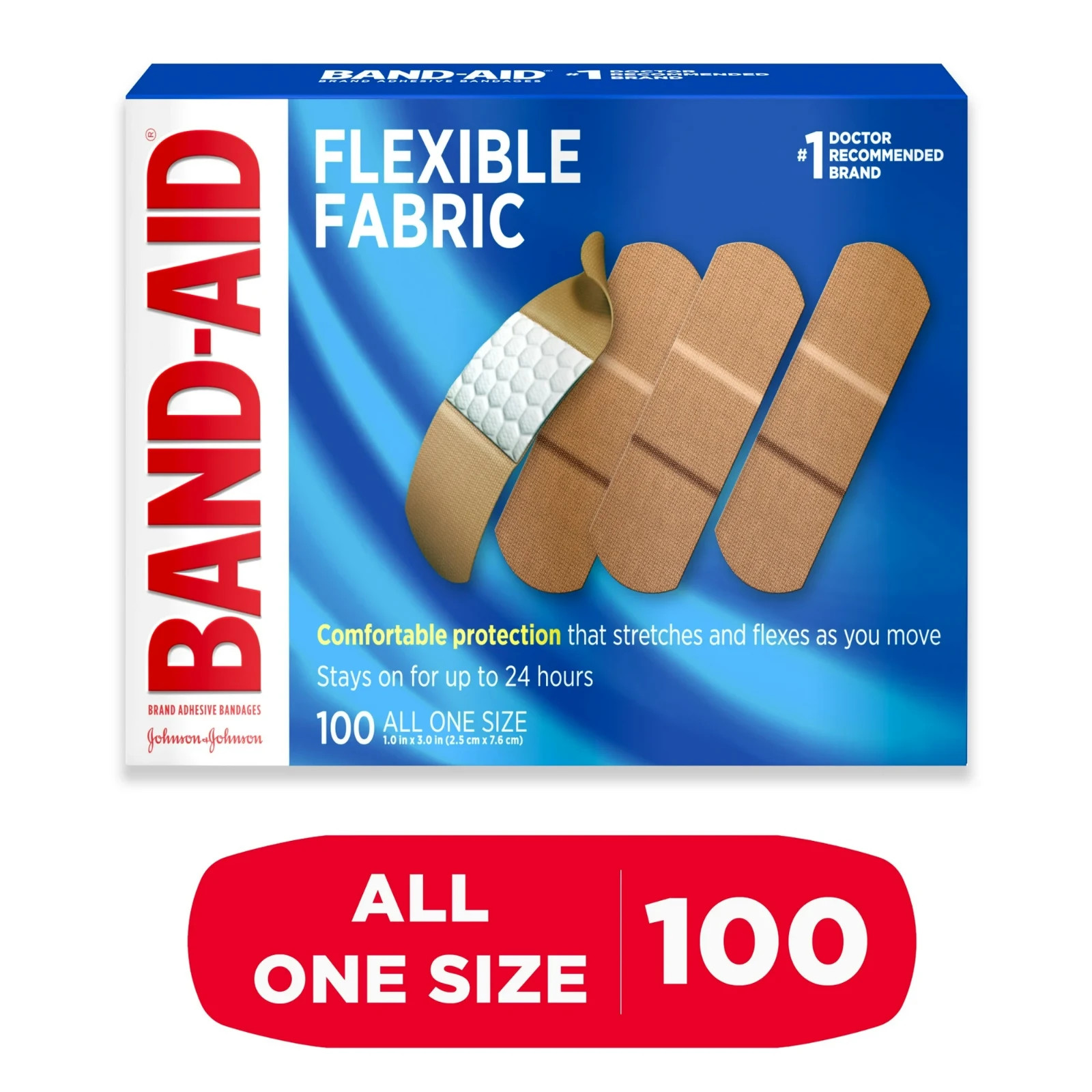 Band-Aid Brand Flexible Fabric Sterile Adhesive Bandages, Comfortable 100 Count.