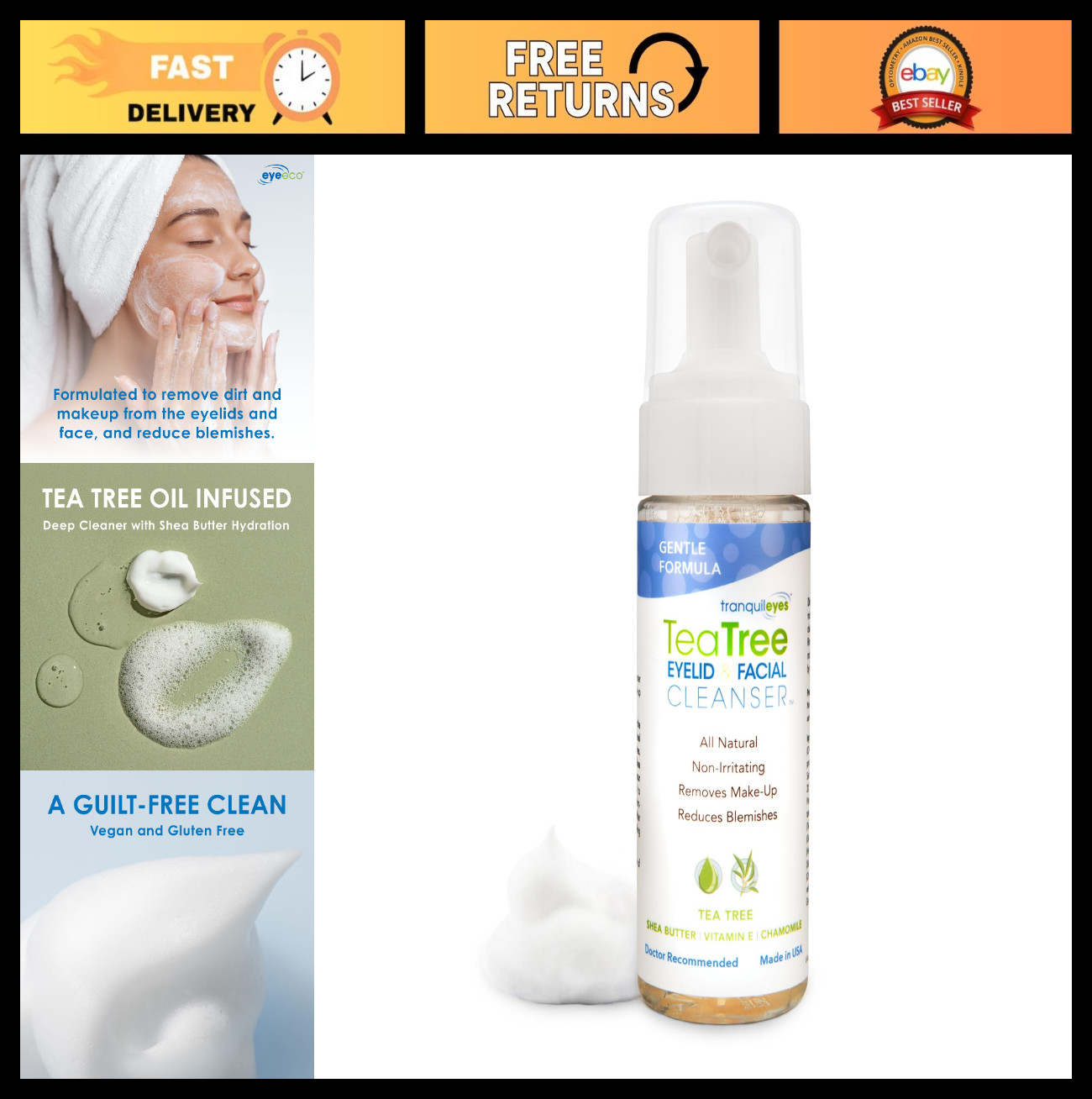 Gentle Tea Tree Oil Foaming Cleanser for Eyelids & Face, 1.6 oz – Non-Irritating