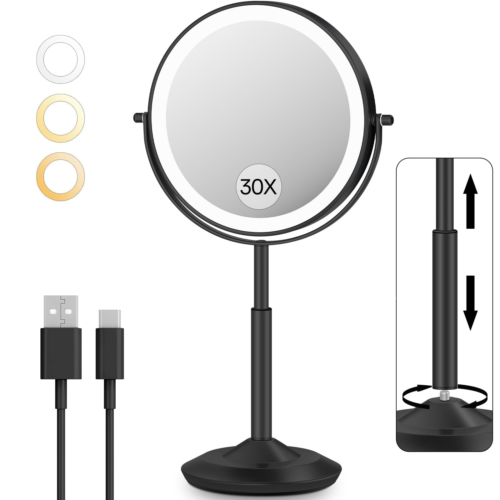 30X/1X Makeup Mirror with Lights, Height Adjustable Lighted Magnifying Vanity…