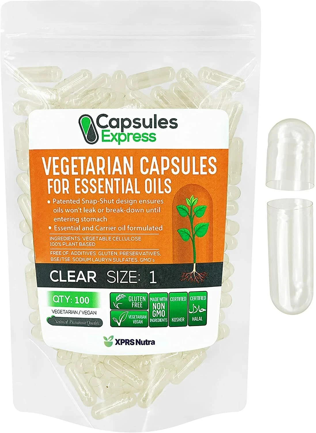 XPRS Nutra Size 000 Clear Veggie Capsules for Essential Oils Vegetable Pill
