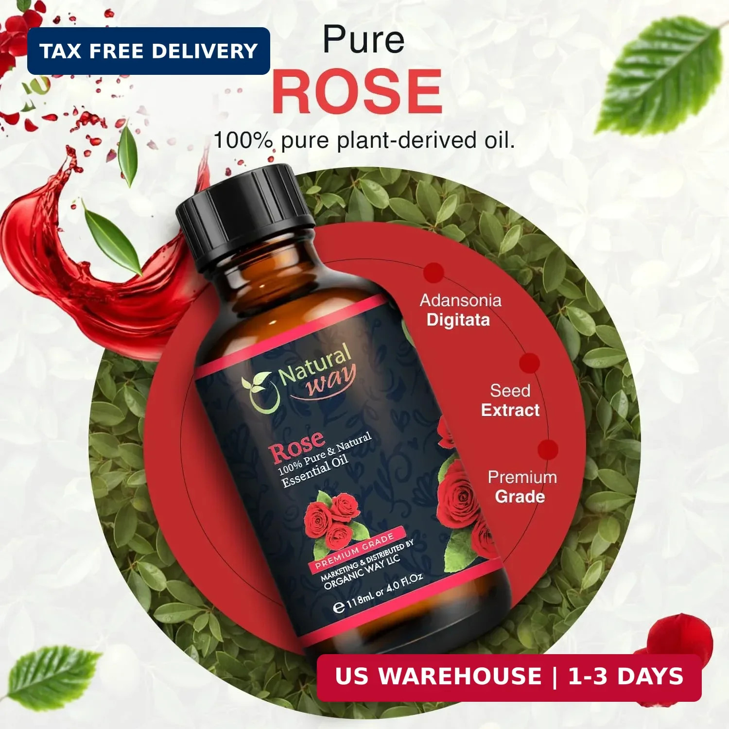 Rose Essential Oil | Pure Aromatherapy Oil for Diffusers, Hair Growth, Skin, Sca