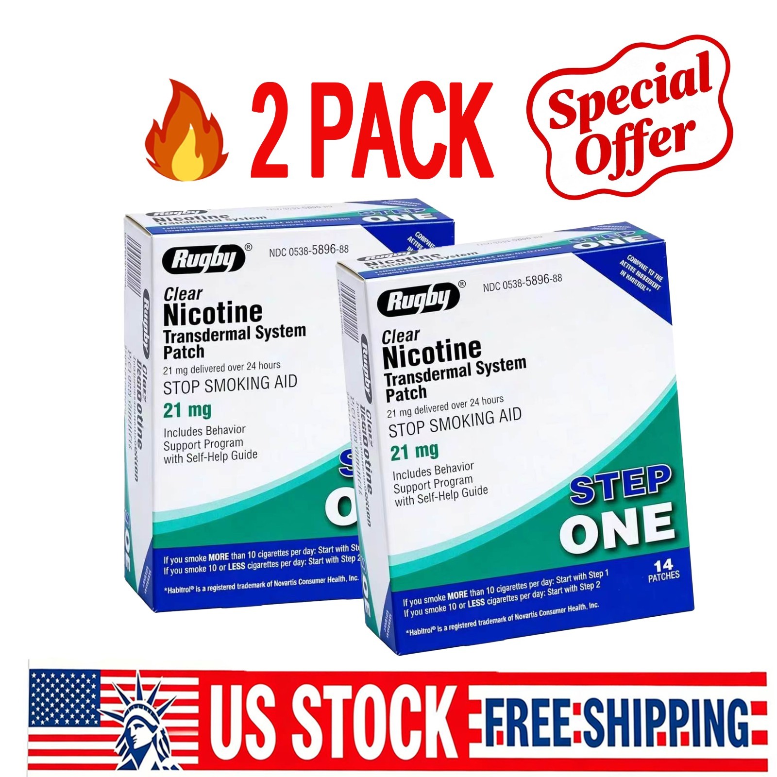2 PACK-Rugby Clear Nicotine 21mg Transdermal System Patch Step Exp 06/2027 NEW