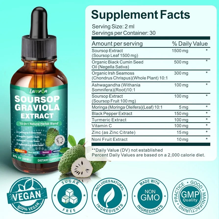 LAMFQA Soursop Herbal Blend Liquid 10-in-1 Vegan GMO & Sugar-Free 2 Oz Exp 11/27