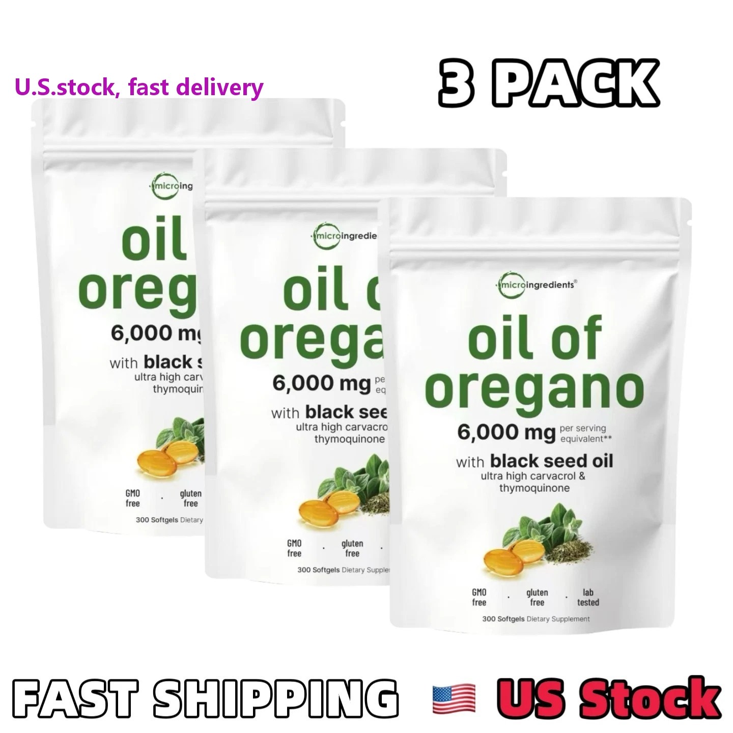 3 Pack Oil of Oregano with Black Seed Oil, 300 Softgels NEW Microingredients.