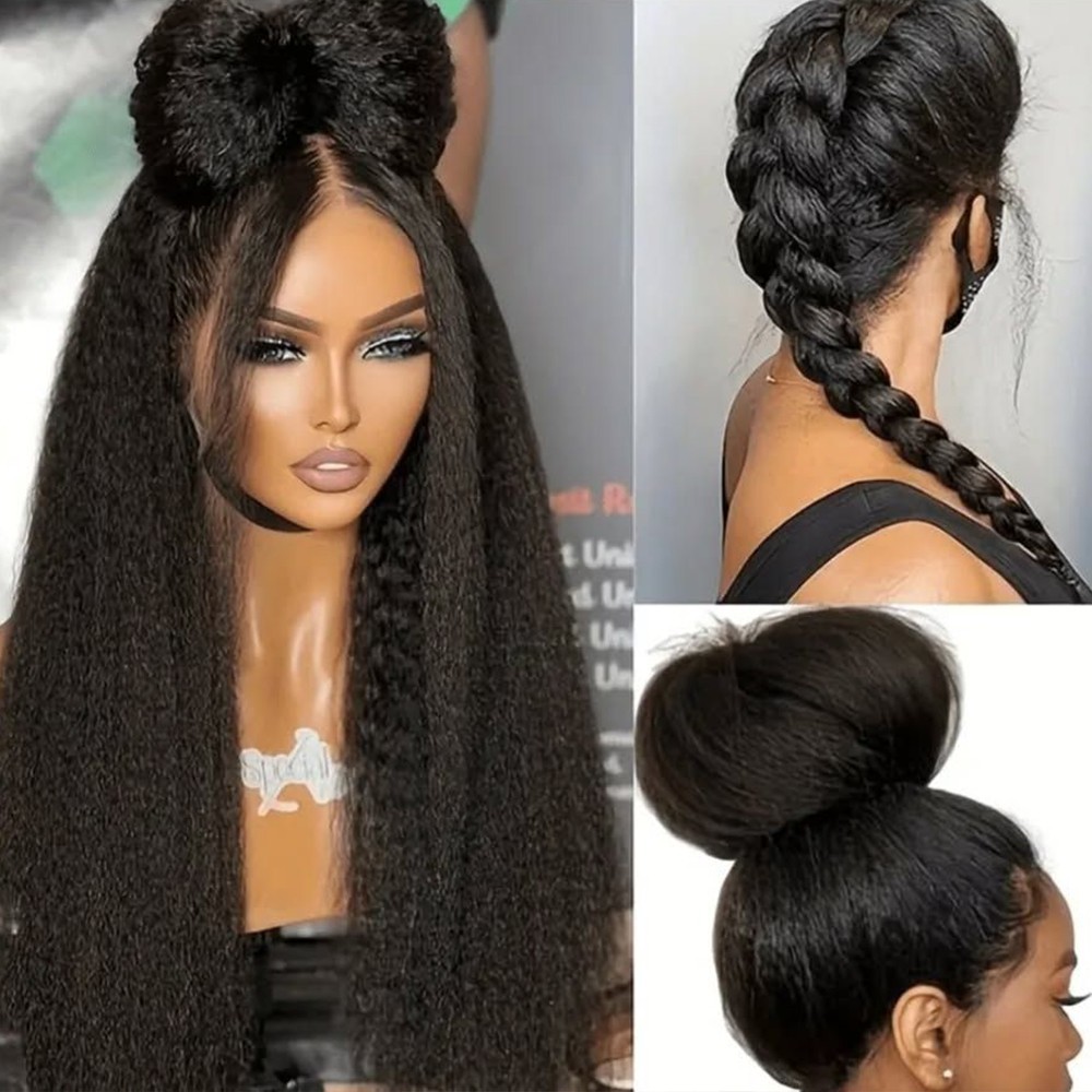 Kinky Straight Natural Long Black Hair Lace Front Wigs Heat Resistant Glueless