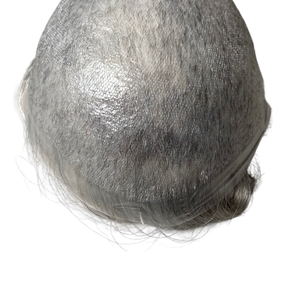 Mens Toupee Human Hair Invisible 03mm Ultra Thin Skin Replacement Hairpiece Grey