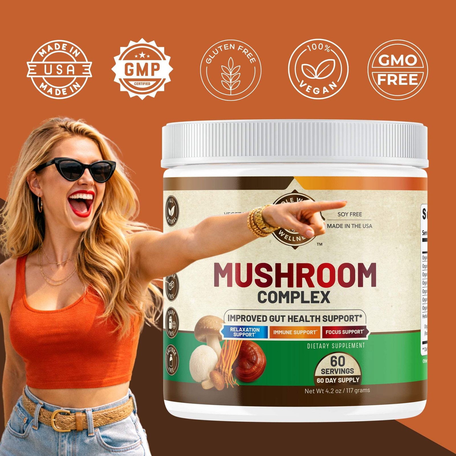 WHOLE WORLD WELLNESS Organic Mushroom Complex Powder Supplement. USA Made.