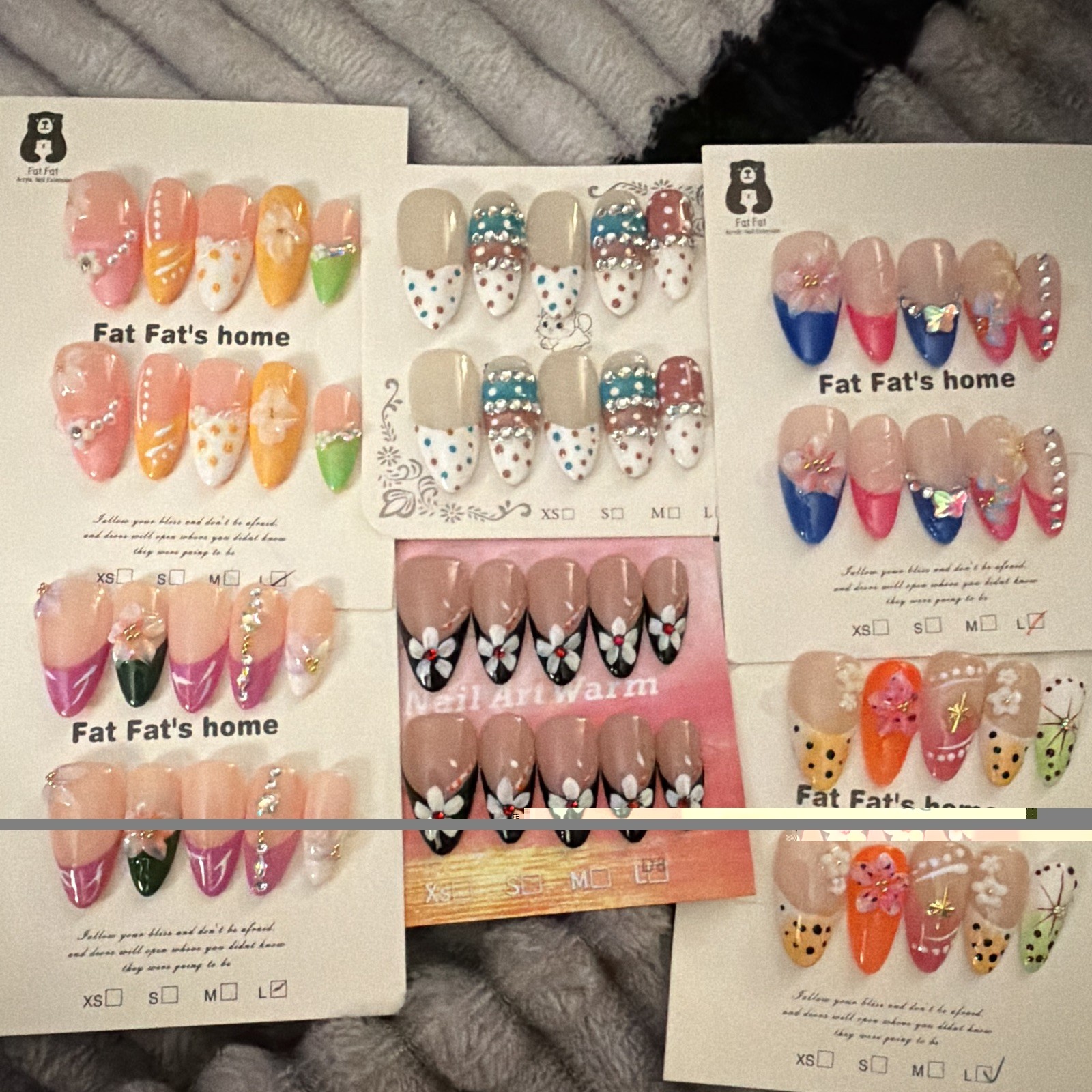 Fat Fat’s home Press-On Nails Long Almond 3D Floral Multicolor Full Cover
