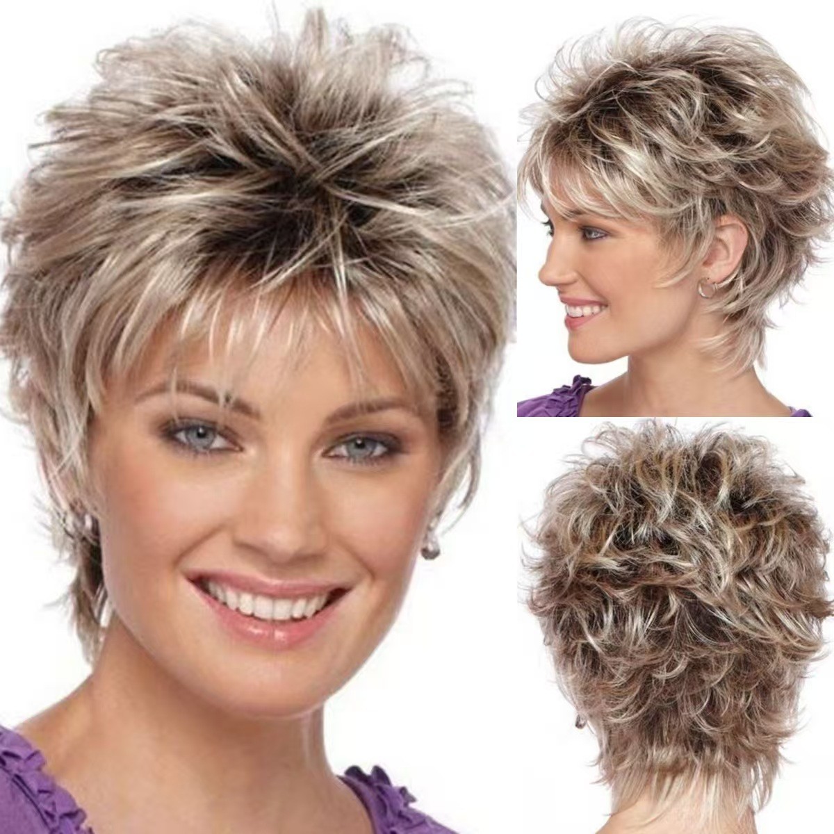 Lady Short Blonde Pixie Cut Wigs Dark Brown Ombre Blonde Synthetic Hair Wigs