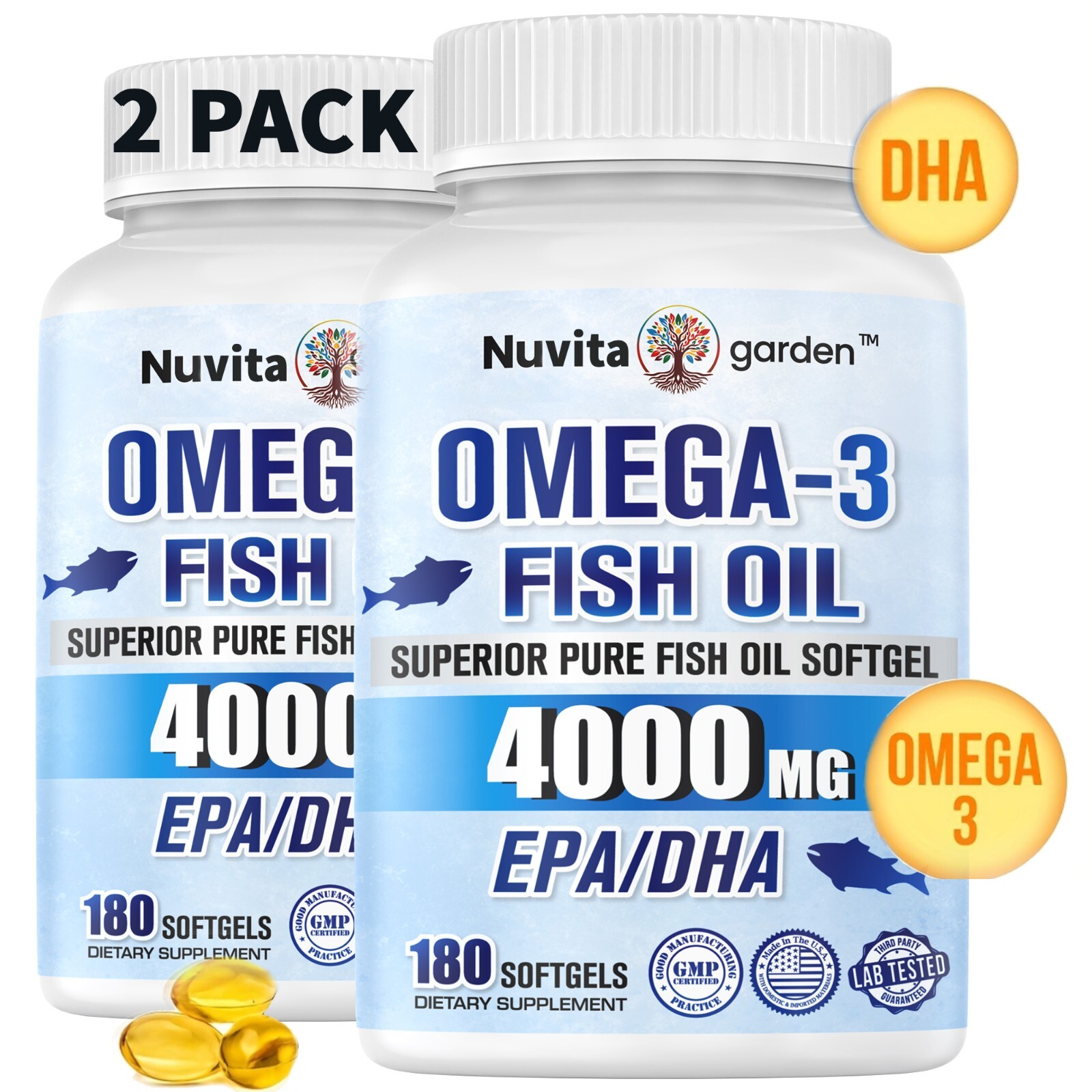 (2pack) 4000mg Omega-3 180 Softgels Triple Strength Burpless Fish Oil Supplement