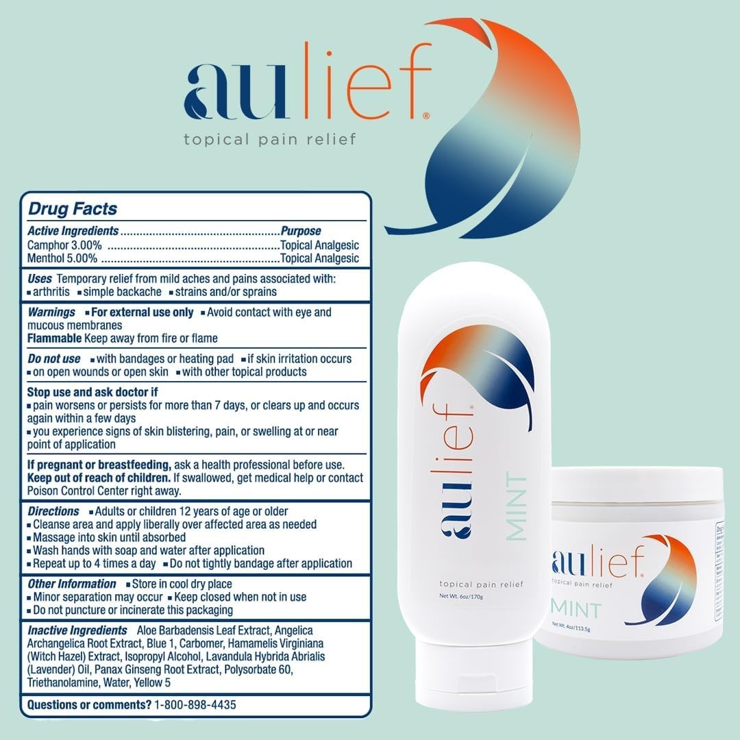Aulief 8 oz Pain Relief Cream: Natural Mint Gel for Rapid Muscle & Joint Pain