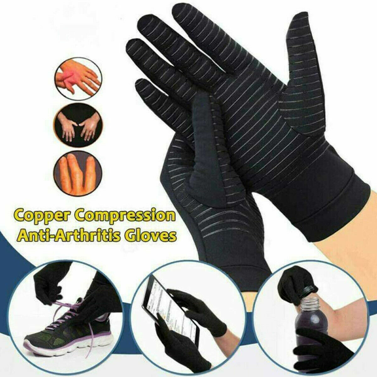2Pairs Copper Infused Arthritis Compression Gloves Full Finger Joint Pain Relief