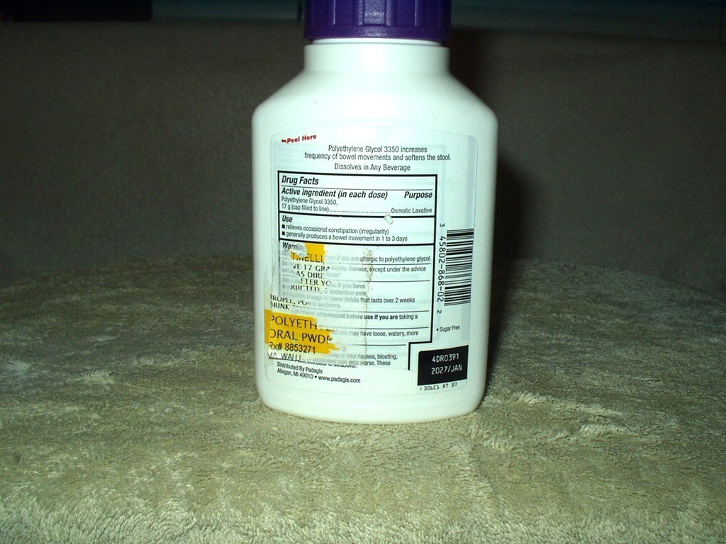 Padagis Polyethylene Glycol 3350 Powder Osmotic Laxative no sugar 8.3 oz. 01/27