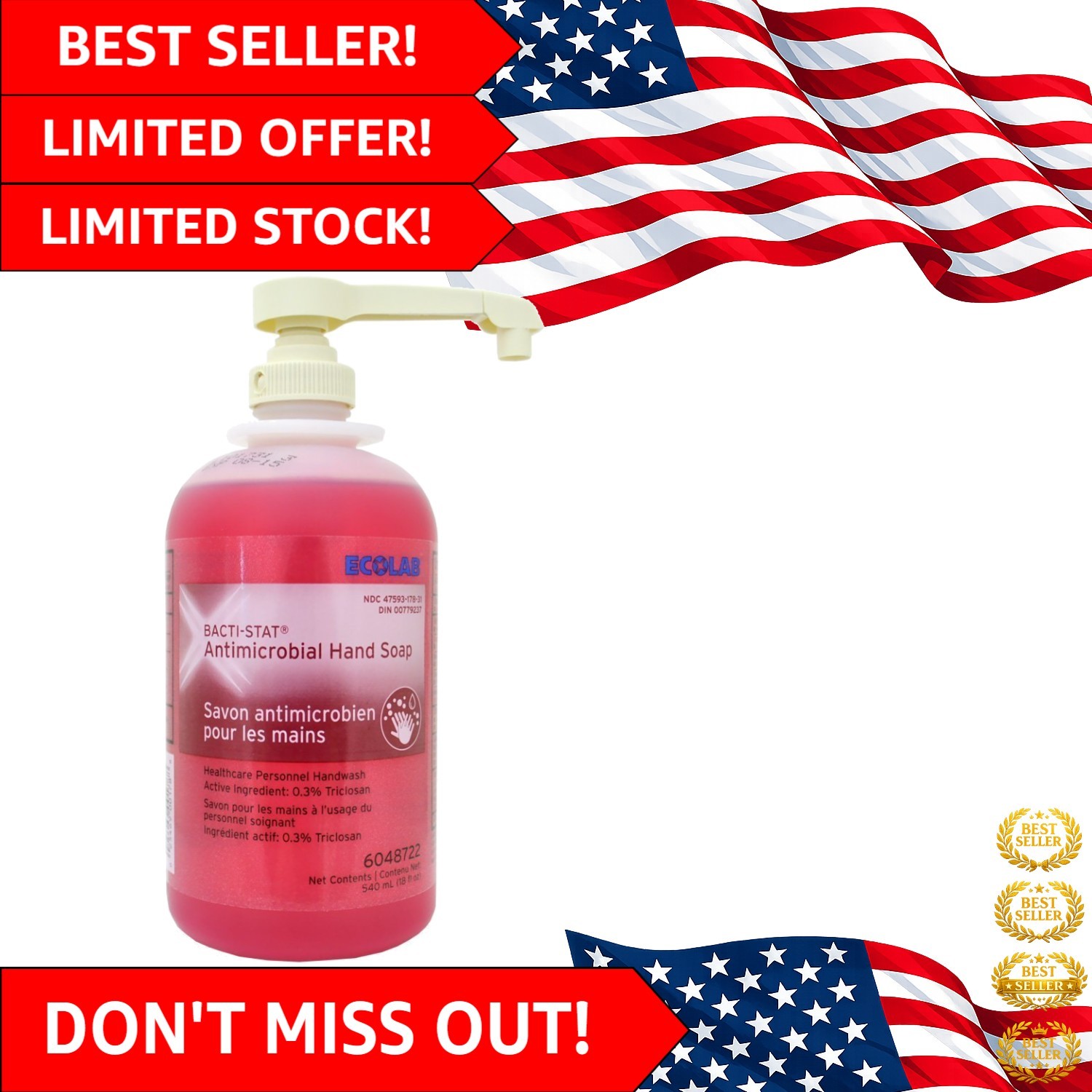 Ecolab Antimicrobial Soap Medi-Stat – Gentle Hand & Face Cleanser, 18 Fl Oz