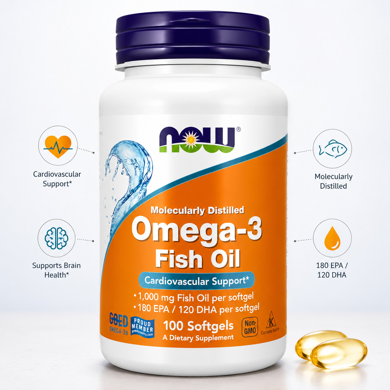 NOW Omega-3 Fish Oil Supplement Facts | 180 EPA / 120 DHA | 100 Softgels