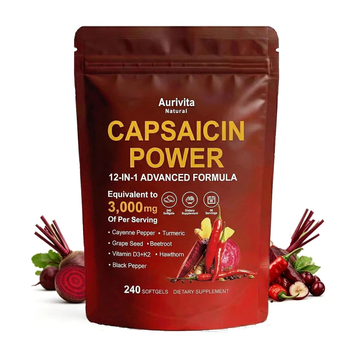 Capsaicin Softgels,auri Cayenne Pepper softgels， with Vitamin E, D3+K2, Grape Se