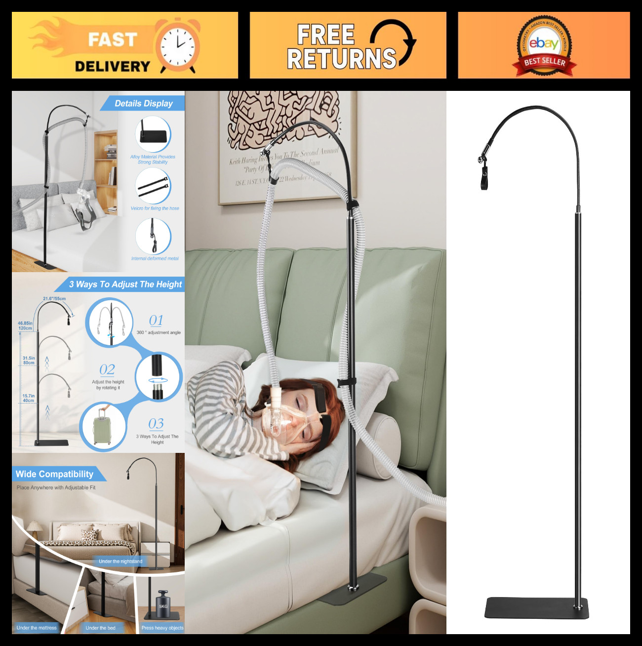 Adjustable CPAP Hose Holder for Bed – Prevent Tube Tangle & Blockage, Sleep Bett
