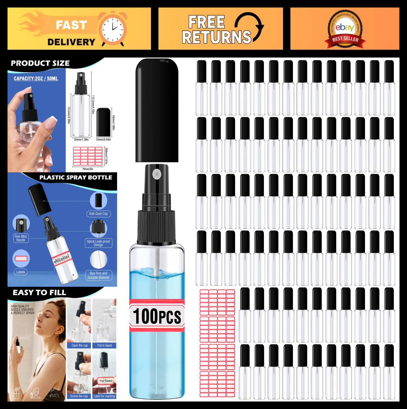 100 Pack 2oz Mini Spray Bottles – Refillable Fine Mist Containers for Travel, Pe