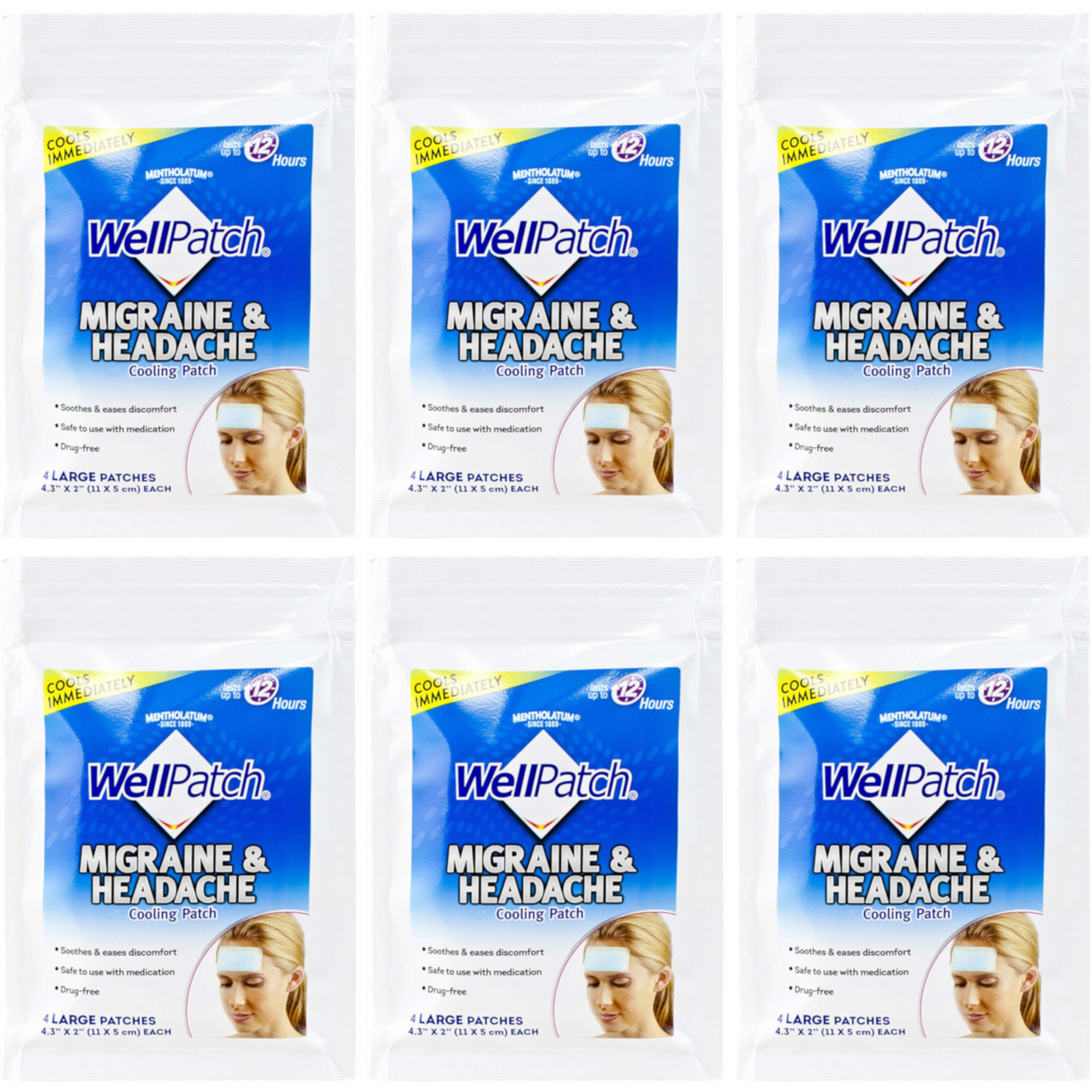 6 Pack Well Patch Cooling Headache Pads Migraine 4 in A box Lasts up to 8 hours