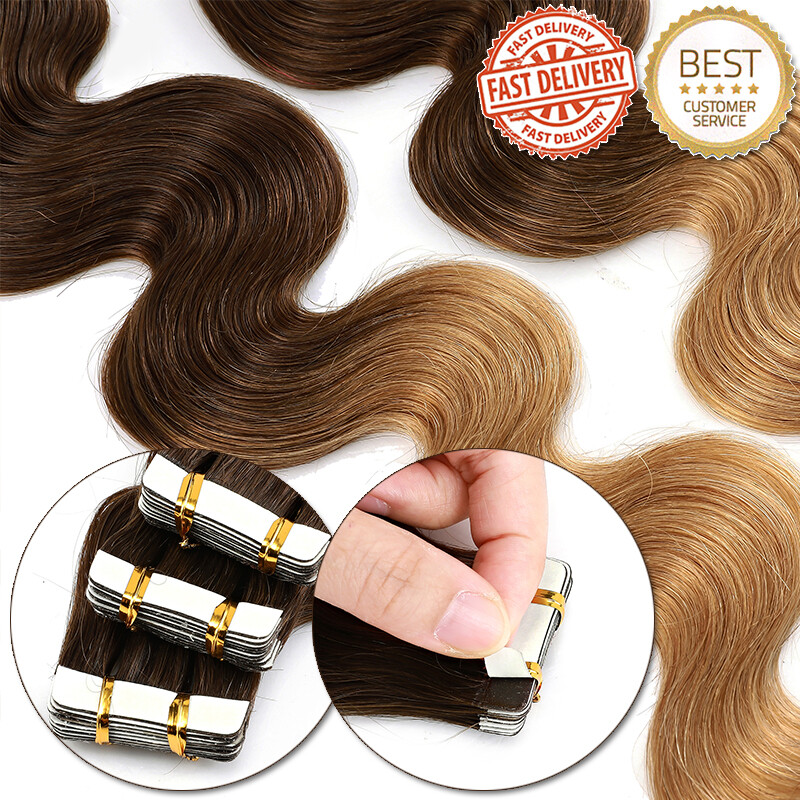 Invisible Tape In Skin Weft Real Remy Human Hair Extensions Wavy Thick Glue 150G