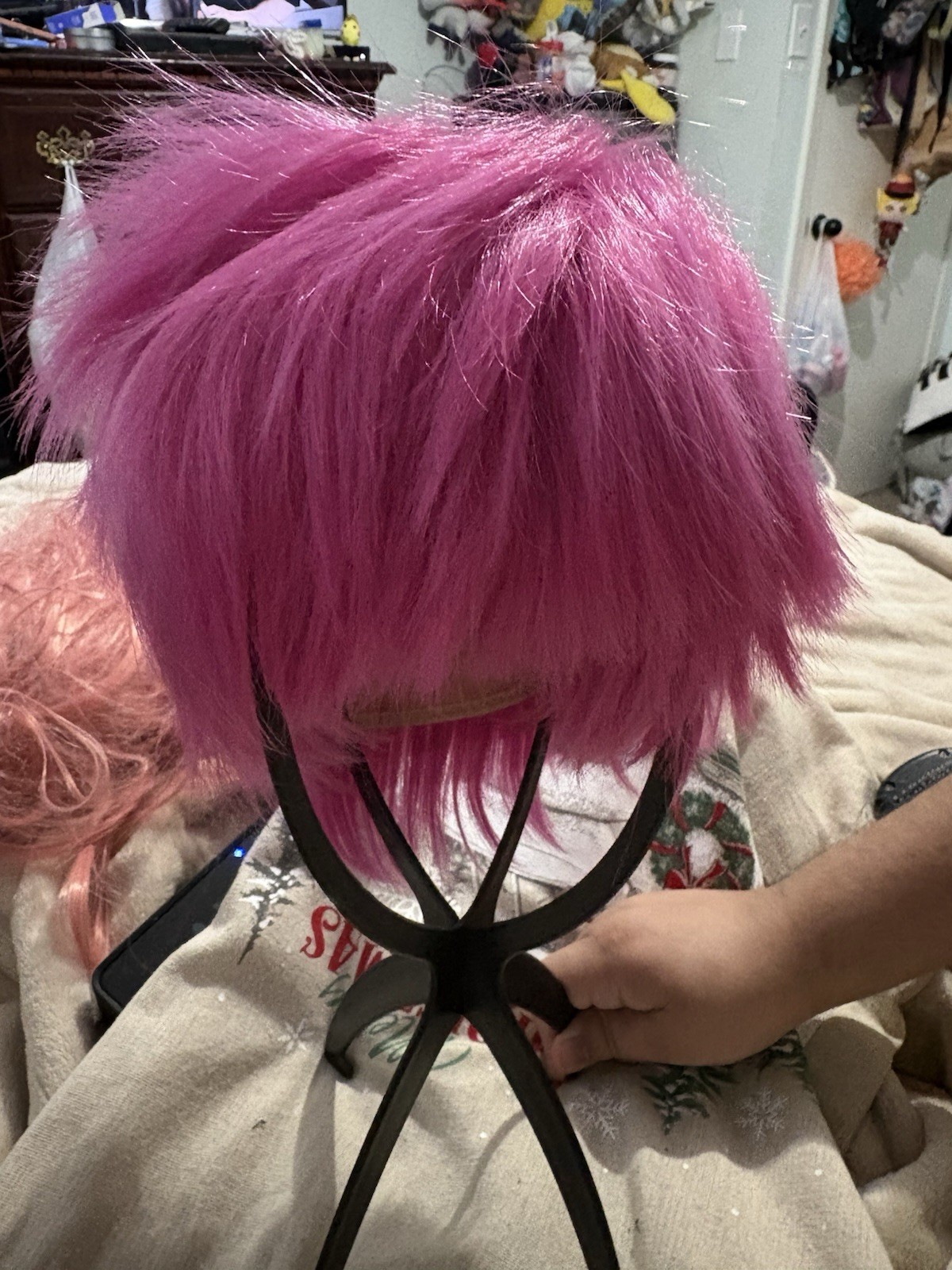 Pink Wig Hairpiece, Short Style with Straight Texture, Bangs