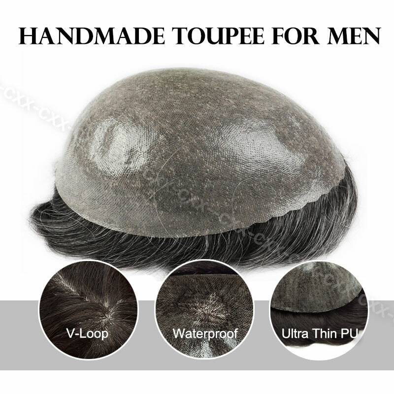 Mens Human Hair Replacement Ultra Thin Skin Toupee Hairpiece PU System Wig Bald