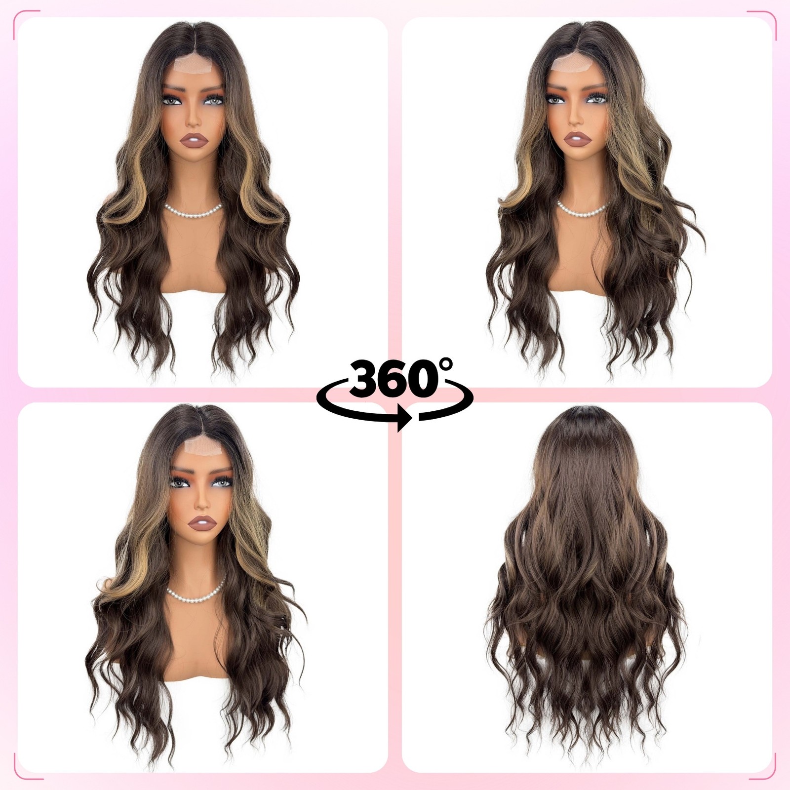 Middle Part Brown Ombre Water Wave Long Curly Wig with Small Lace Pre Plucked