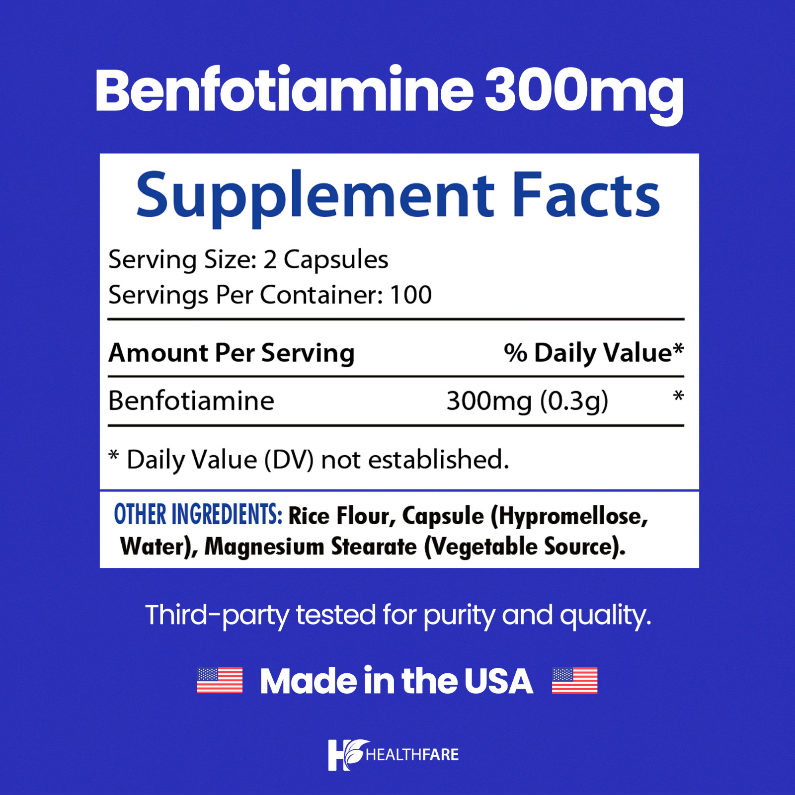 Benfotiamine 300mg 200 Veg Capsules Fat Soluble Thiamine Vitamin B1 HealthFare