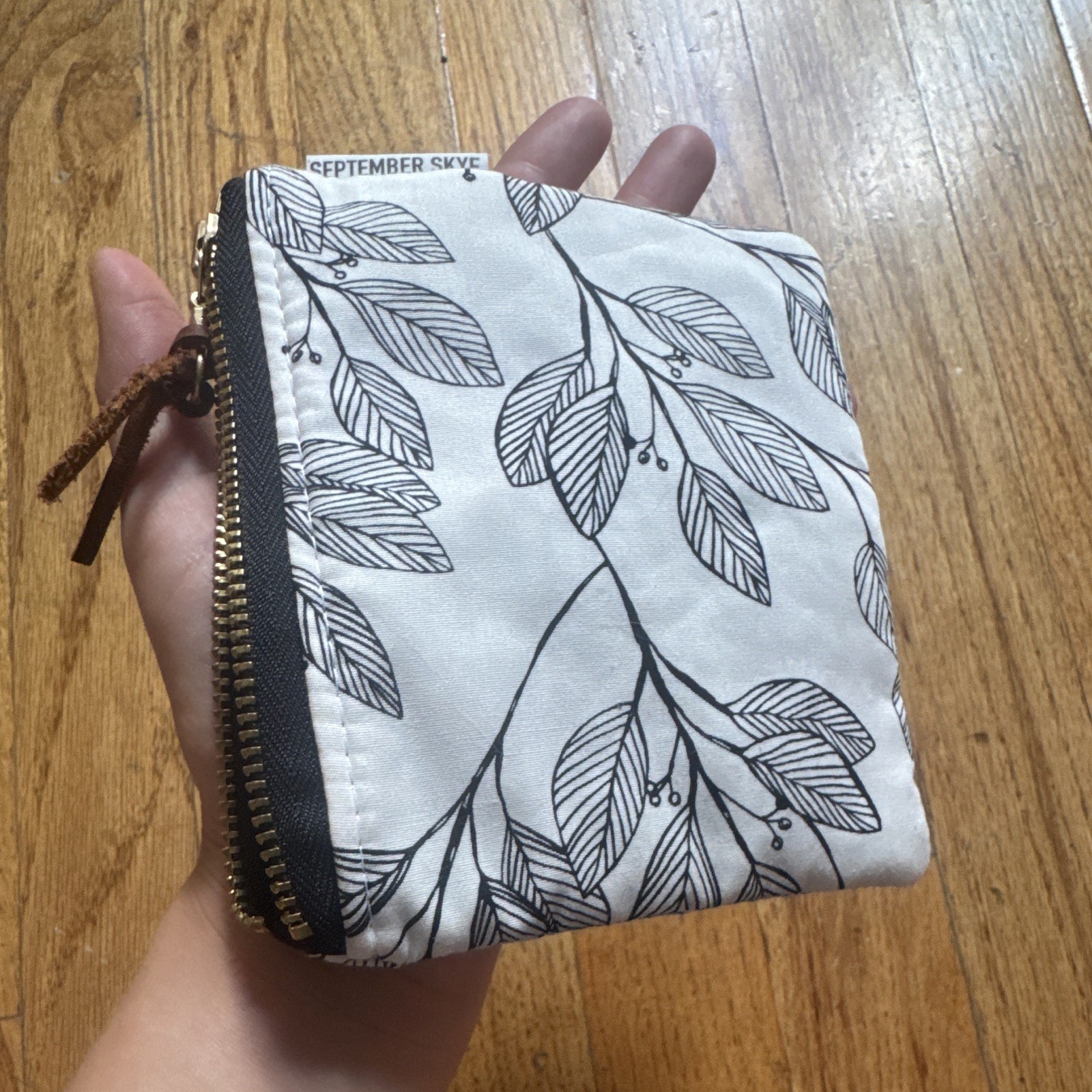 September Skye Zipper Makeup Bag Pouch Leaf Print Black White Fabric 6×6″