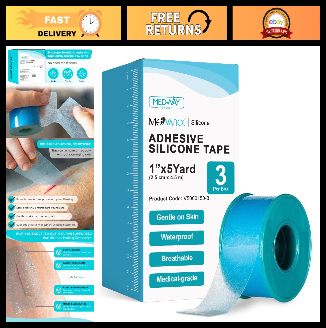 Silicone Medical Tape for Sensitive Skin, Waterproof Wound Care, 1″ Width, 3 Pac