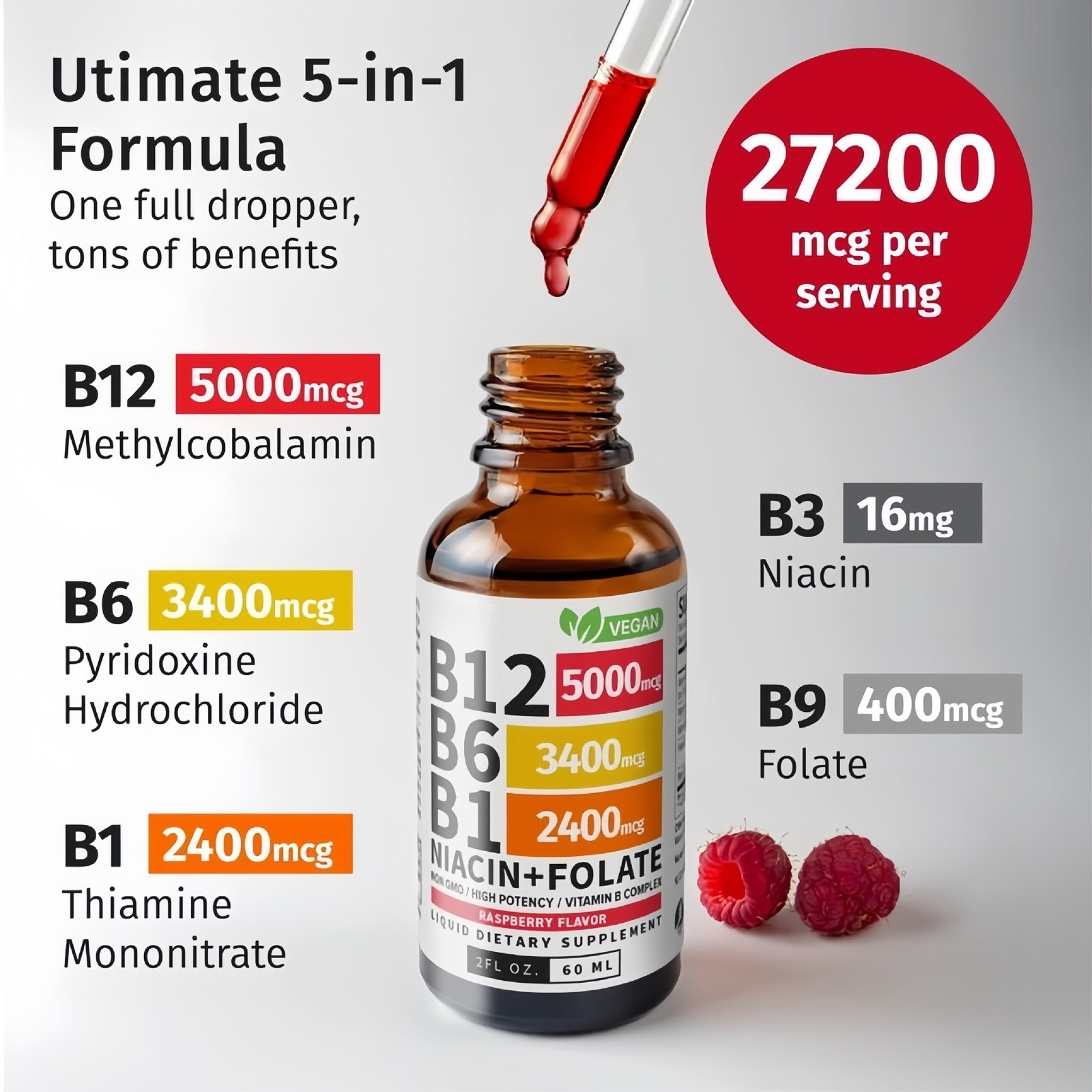 5 In 1 Vitamin B Complex – B6 B1 B12 Liquid Drops 5000mcg – Add 3 Only Pay 2 !