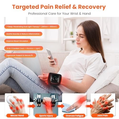 Red Light Therapy Wristband for Hand & Wrist, 660nm & 850nm Infrared, Heat & Vib