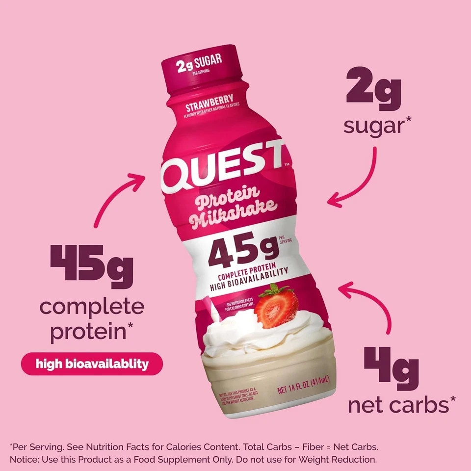 Quest Nutrition Strawberry Protein Shake, 45g Protein, 2g Sugar, 4g Net 12 Count