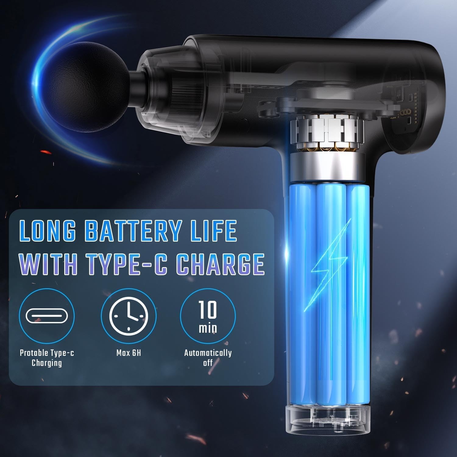 6 Speeds Massage Gun, Cordless Handheld Deep Tissue Muscle Massager Super Quiet