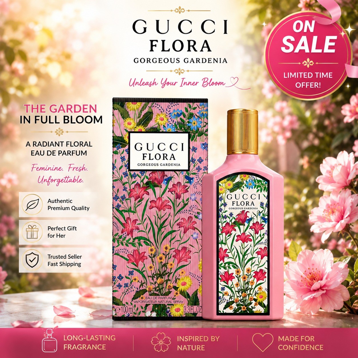 Gucci Flora Gorgeous Gardenia 3.3 oz EDP Perfume for Women | New in Box
