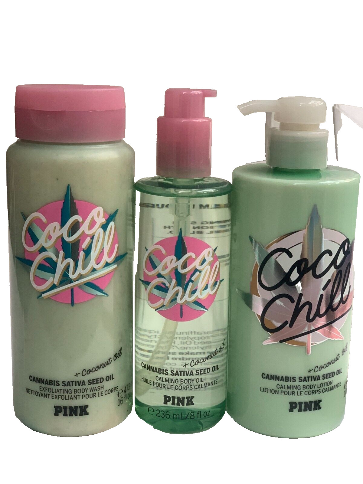 Victoria’s Secret PINK COCO CHILL Body Care 3pc Body ( Wash, Oil ,Lotion ) Set