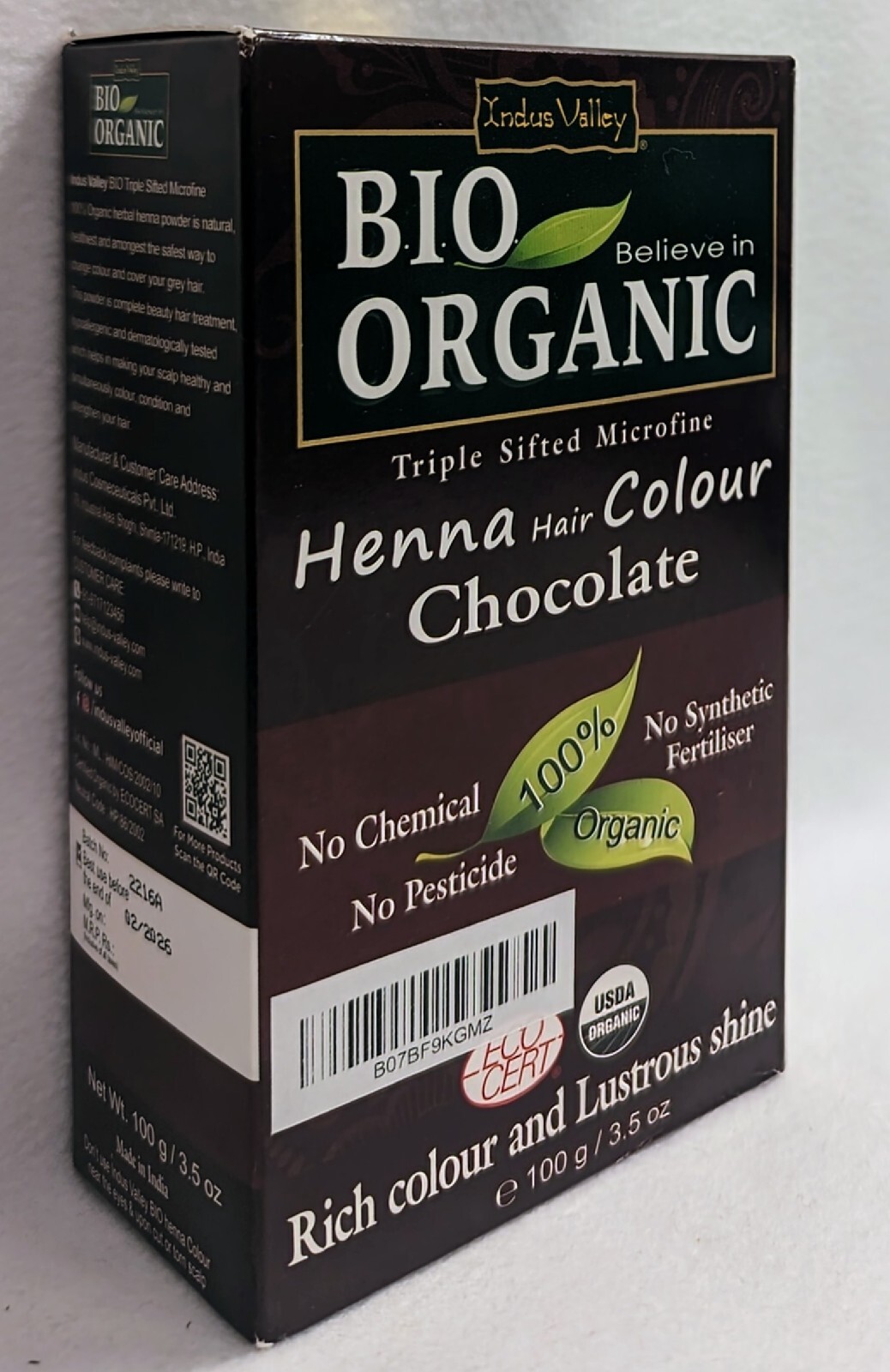 Indus Valley Bio Organic Henna Hair Colour CHOCOLATE Brown Color 02/2026 NIB