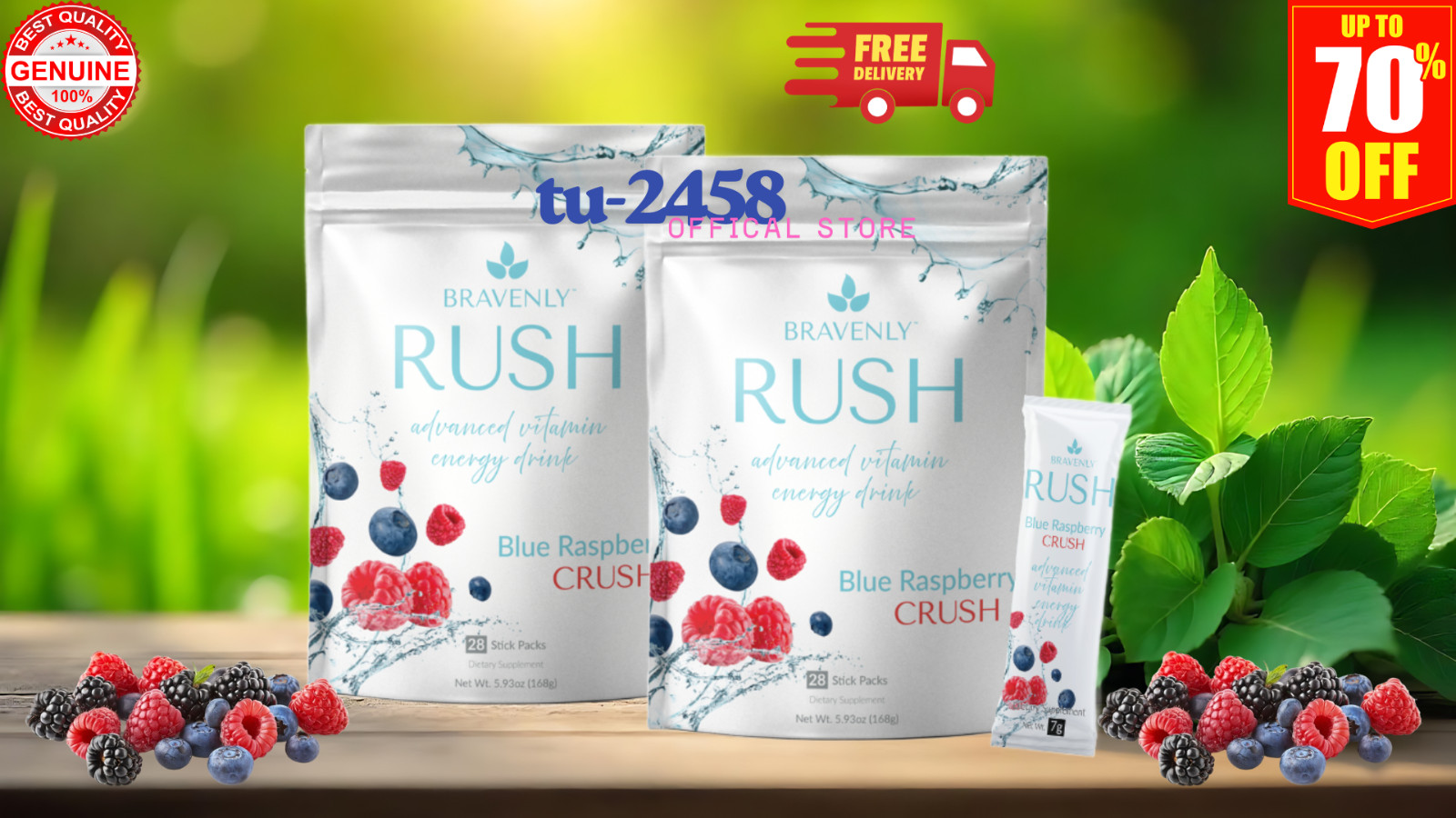 NEW!! 2 BAGS BRAVENLY RUSH Blue Raspberry 28(x2) Stick Packs EXP 2028
