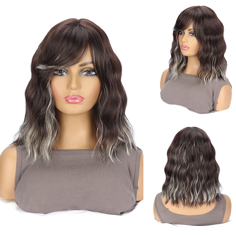 Brown Highlight Side Part Short Curly Synthetic Full Head Wig for European