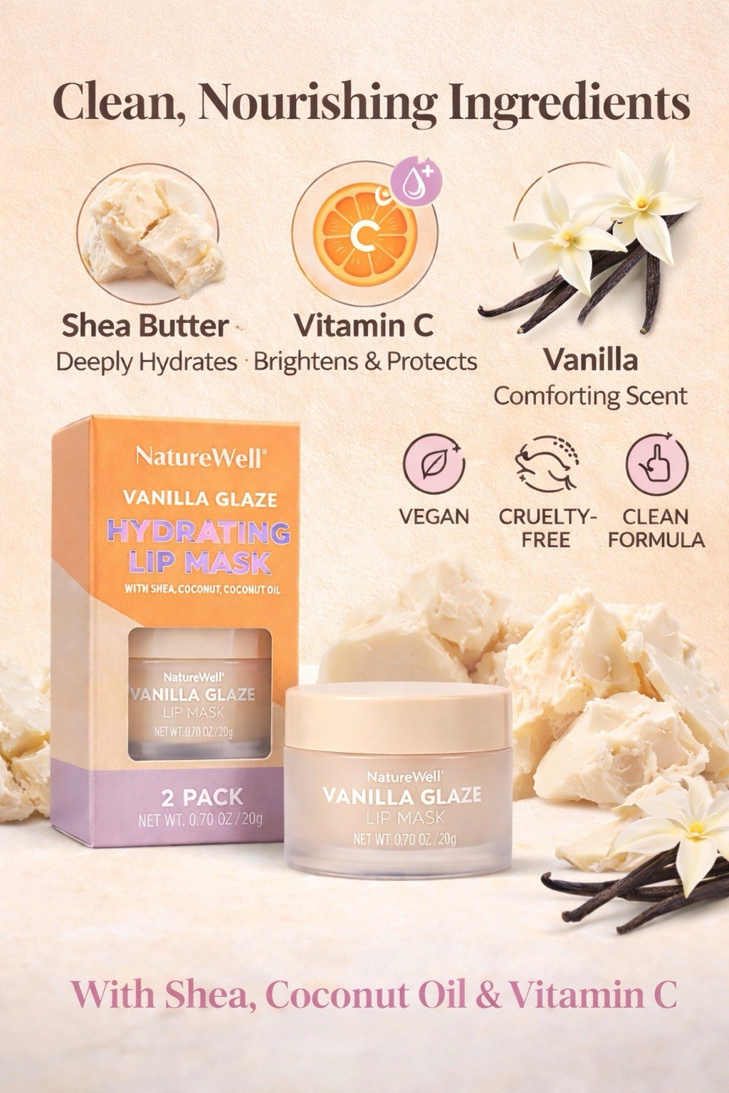 NatureWell Vanilla Glaze Hydrating Lip Mask w/ Coconut Oil, 2-Pack (0.7 oz)