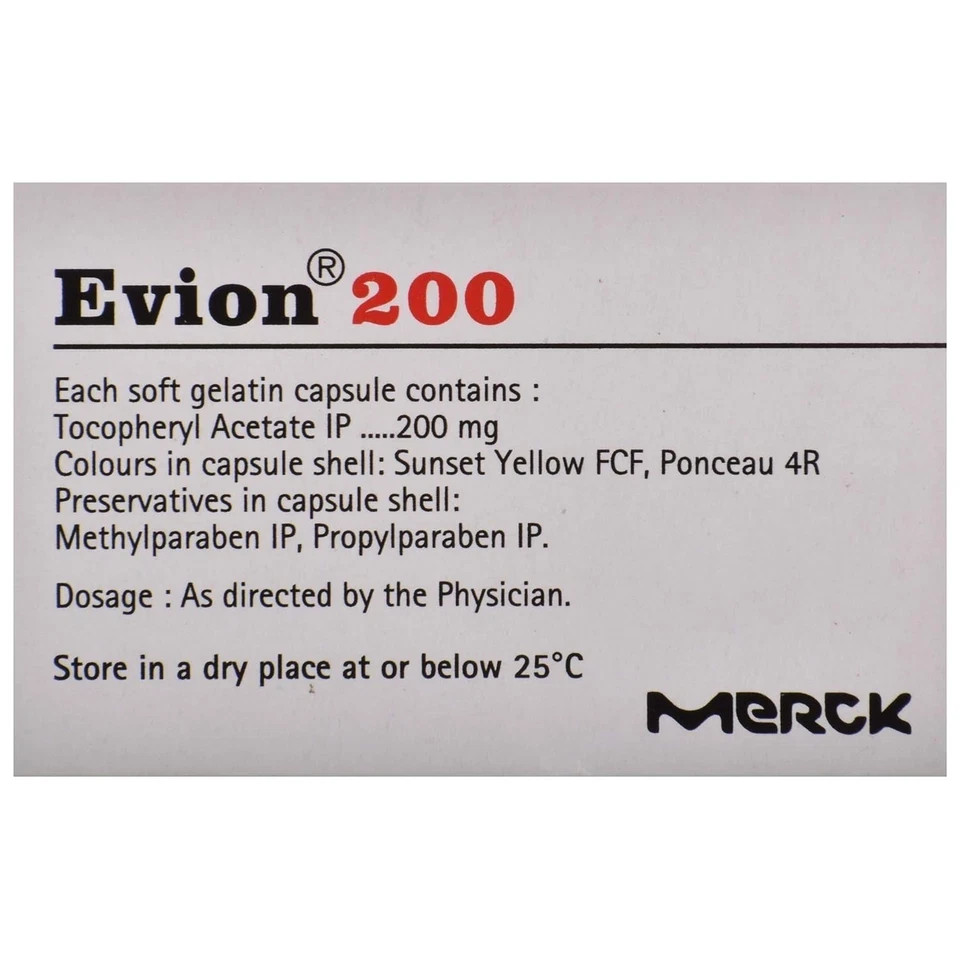 Evion 200 mg Vitamin E Capsules 50 Pcs For Face Hair Acne Nails by MERCK