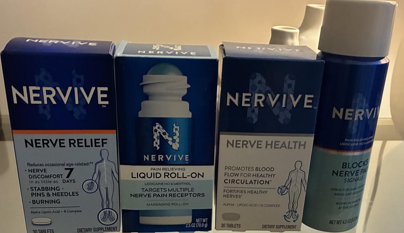 Nervive 4 Pc Bundle Nerve Relief Health Roll-On Spray Tablets NEW Sealed